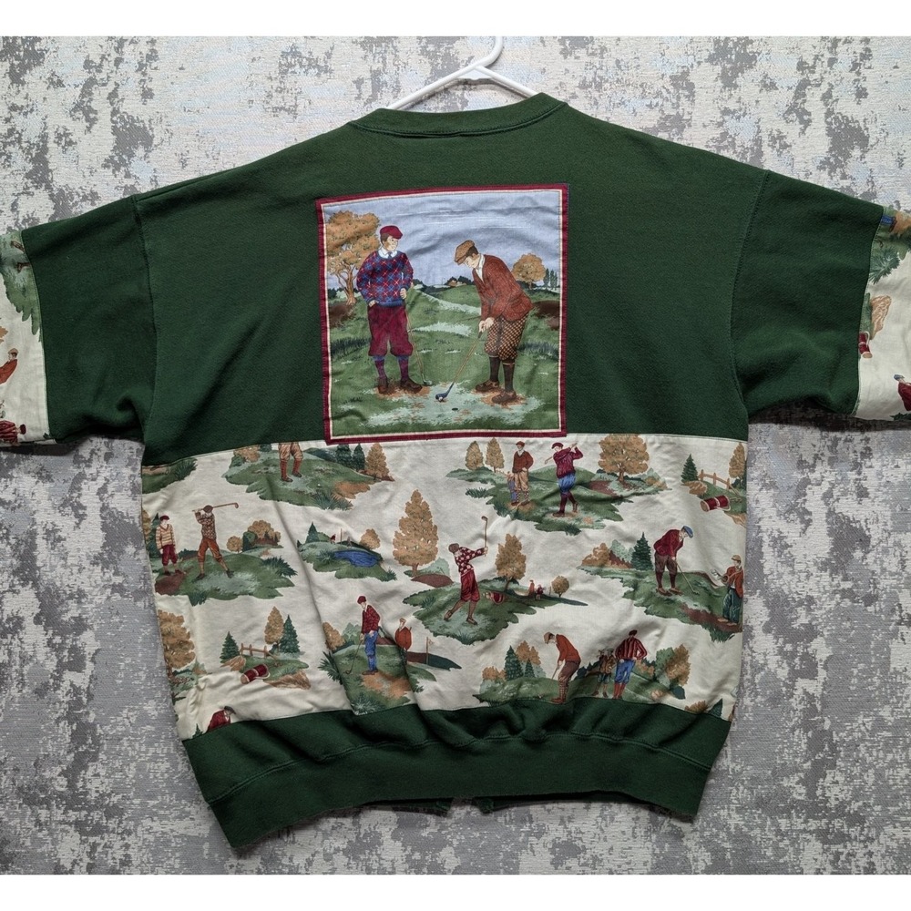 VTG Cheetah Up-cycled Men's XL Sweater Green Cotton Polyester Golf Print Zip - Picture 3 of 15